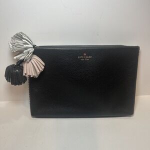 Kate Spade Palmer Street Shala‎ Clutch/ Pouch Black Pebbled Leather Poms